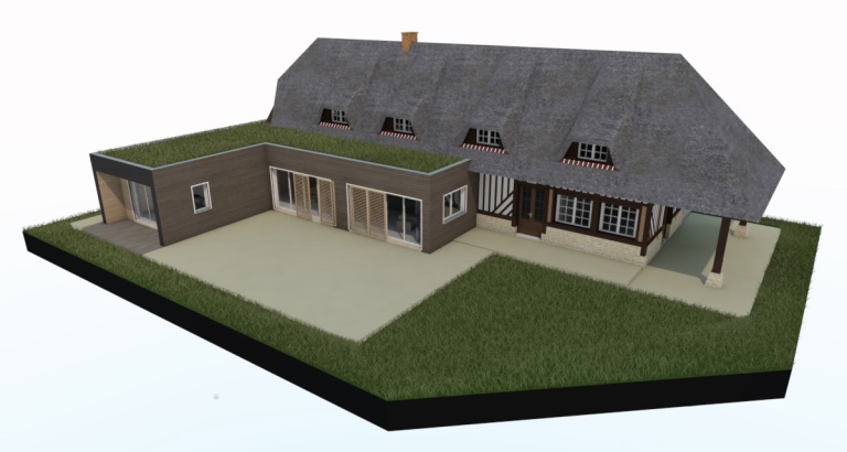 branellec bataille architecte agrandissement extension maison colombage bardage bois chaume vegetalise contemporain saint desir 3D