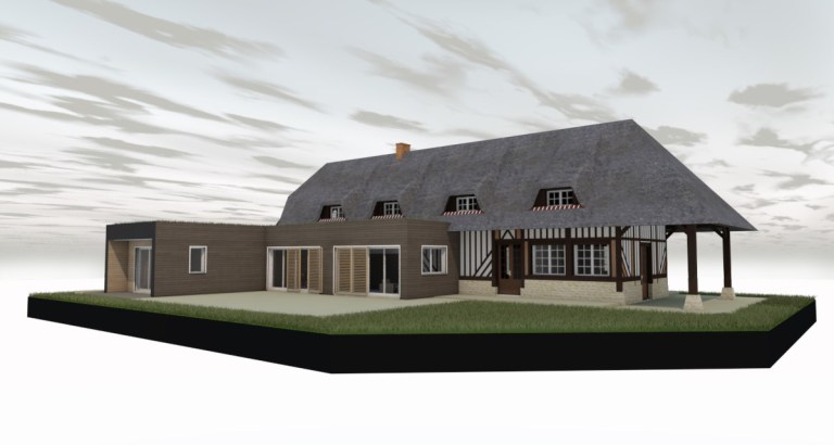 branellec bataille architecte agrandissement extension maison colombage bardage bois chaume vegetalise contemporain saint desir 3D