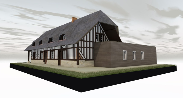branellec bataille architecte agrandissement extension maison colombage bardage bois chaume vegetalise contemporain saint desir 3D